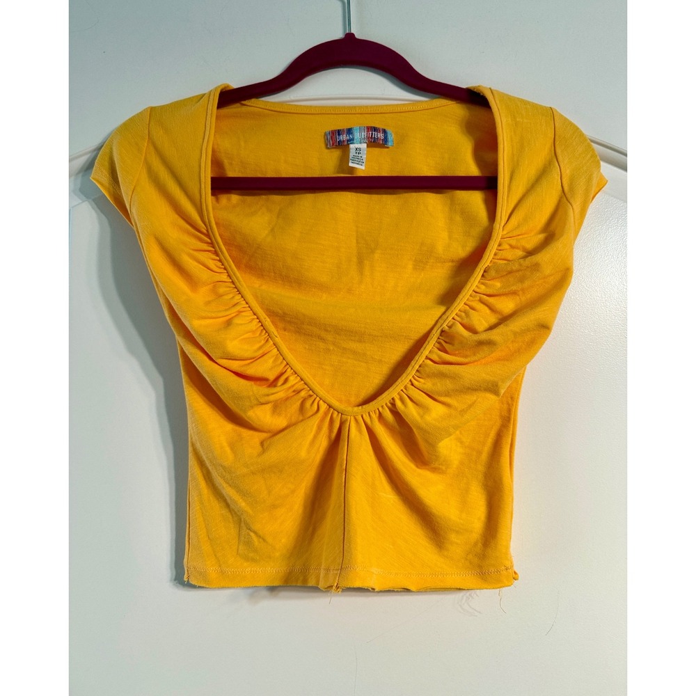 Urban Outfitters Crop Top XS Yellow Ruched Deep V-Neck Slub Knit Festival Boho